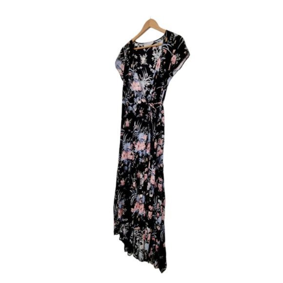 AUGUSTE Black Floral Wrap Around Maxi Short Sleeve Dress Front Tie Size AU 6 - Picture 3 of 9